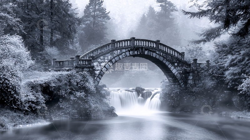 高清大图下载【趣麦麦图】雾气缭绕的古桥瀑布