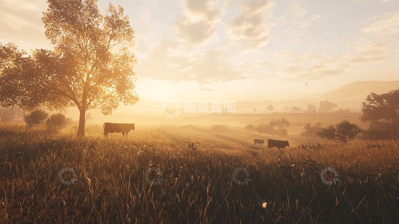 高清大图下载【趣麦麦图】日出牧场牛群剪影