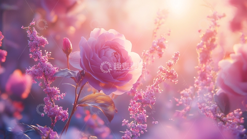 高清大图下载【趣麦麦图】粉色玫瑰花田日出