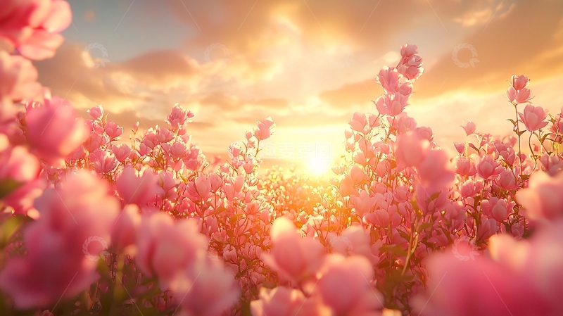 高清大图下载【趣麦麦图】日出花海粉红色花朵