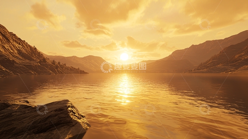 高清大图下载【趣麦麦图】金色落日下的宁静湖泊