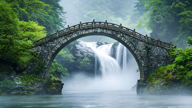 高清大图下载【趣麦麦图】古桥瀑布仙境