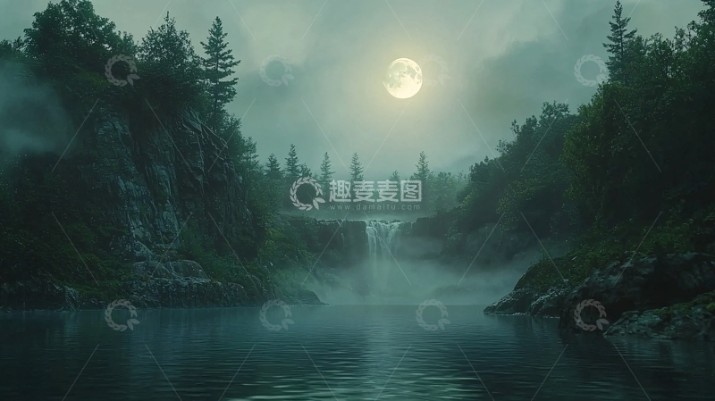 高清大图下载【趣麦麦图】月光下的森林瀑布