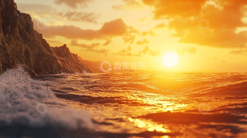 高清大图下载【趣麦麦图】海浪拍打岩石的日落景色