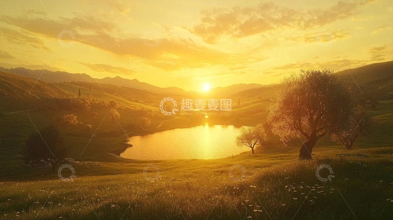 高清大图下载【趣麦麦图】金色阳光下的宁静湖泊