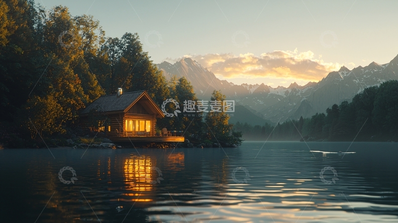 高清大图下载【趣麦麦图】湖边木屋黄昏景色