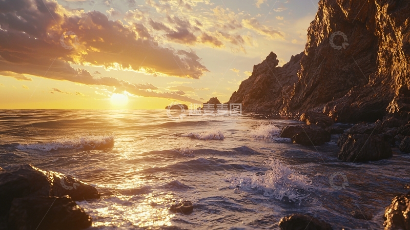 高清大图下载【趣麦麦图】落日余晖下的海边岩石