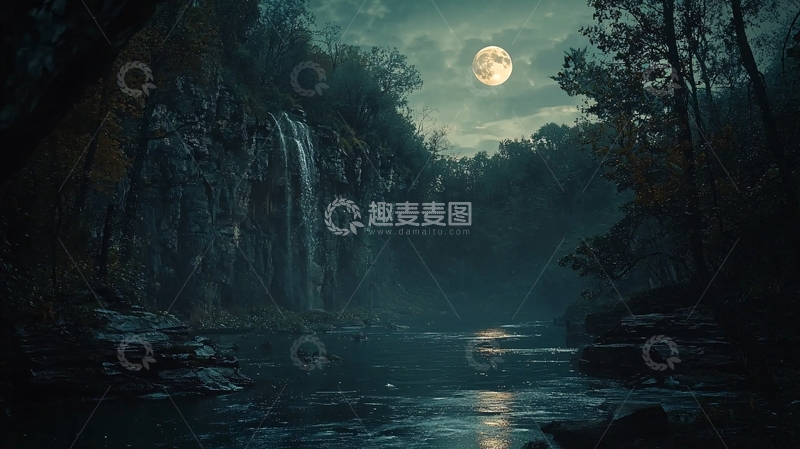 高清大图下载【趣麦麦图】月光下的瀑布