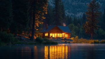 夜晚湖边木屋