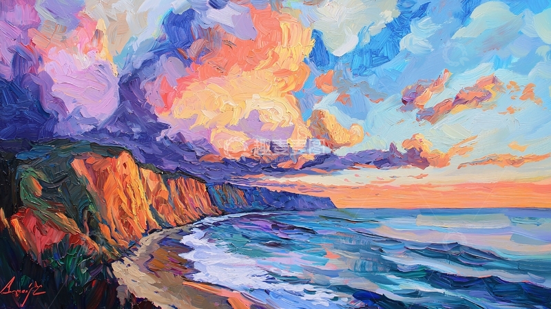 高清大图下载【趣麦麦图】彩色海岸线日落风景画