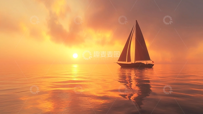 高清大图下载【趣麦麦图】夕阳西下帆船海上航行
