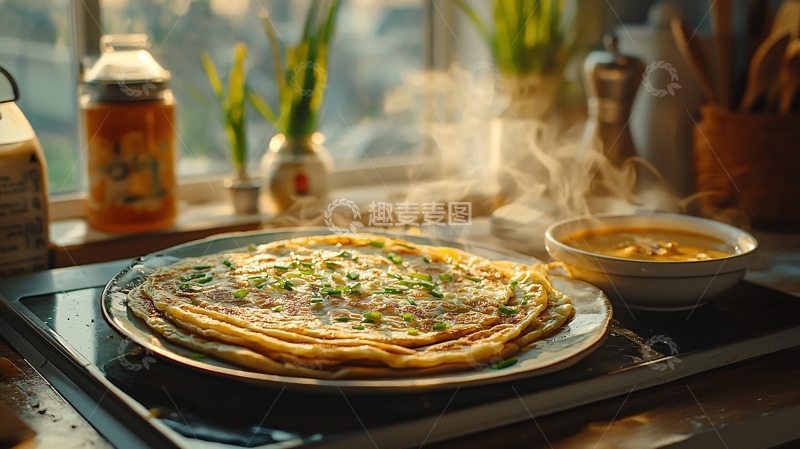 高清大图下载【趣麦麦图】热气腾腾的煎饼早餐