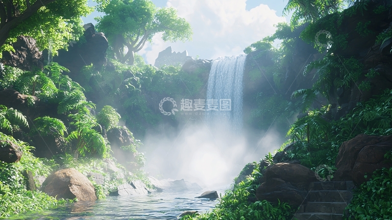 高清大图下载【趣麦麦图】热带雨林瀑布景观