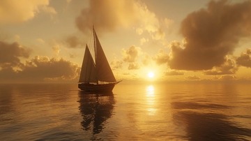 夕阳下航行的帆船