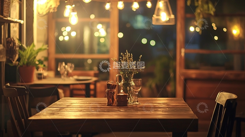 高清大图下载【趣麦麦图】温暖灯光下的木质餐桌