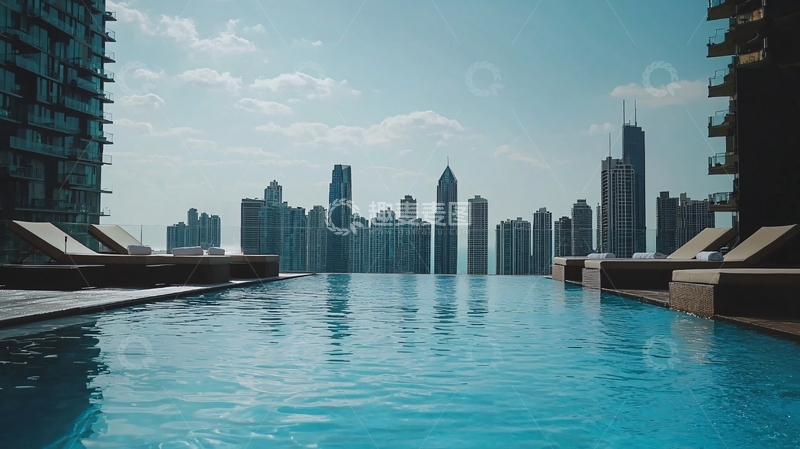 高清大图下载【趣麦麦图】-高楼林立下的无边泳池