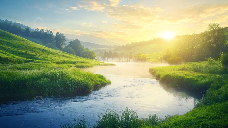 高清大图下载【趣麦麦图】清晨阳光下的绿色山谷河流
