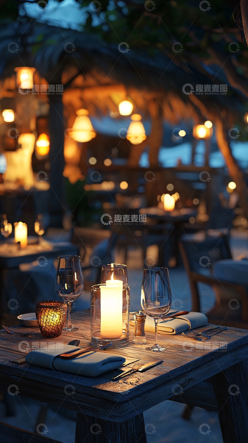 高清大图下载【趣麦麦图】烛光晚餐海滩餐厅