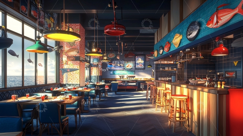 高清大图下载【趣麦麦图】阳光洒落的海洋主题餐厅