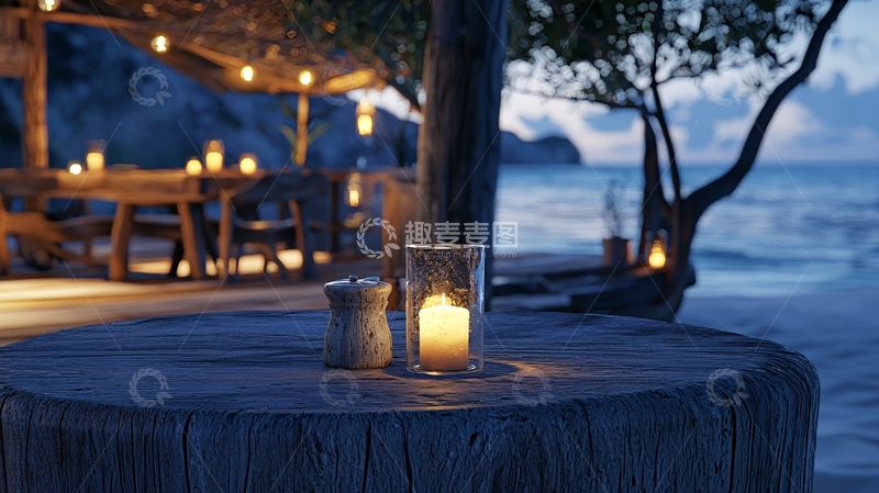 高清大图下载【趣麦麦图】海滩餐厅夜景烛光晚餐