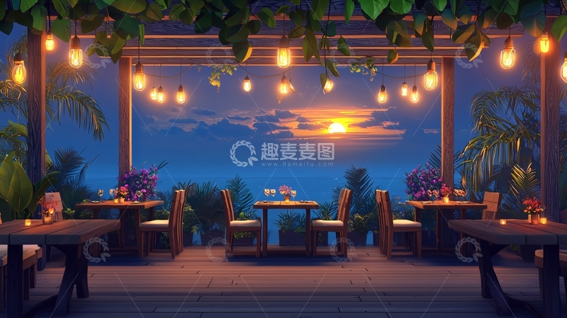 高清大图下载【趣麦麦图】浪漫海景餐厅夜景