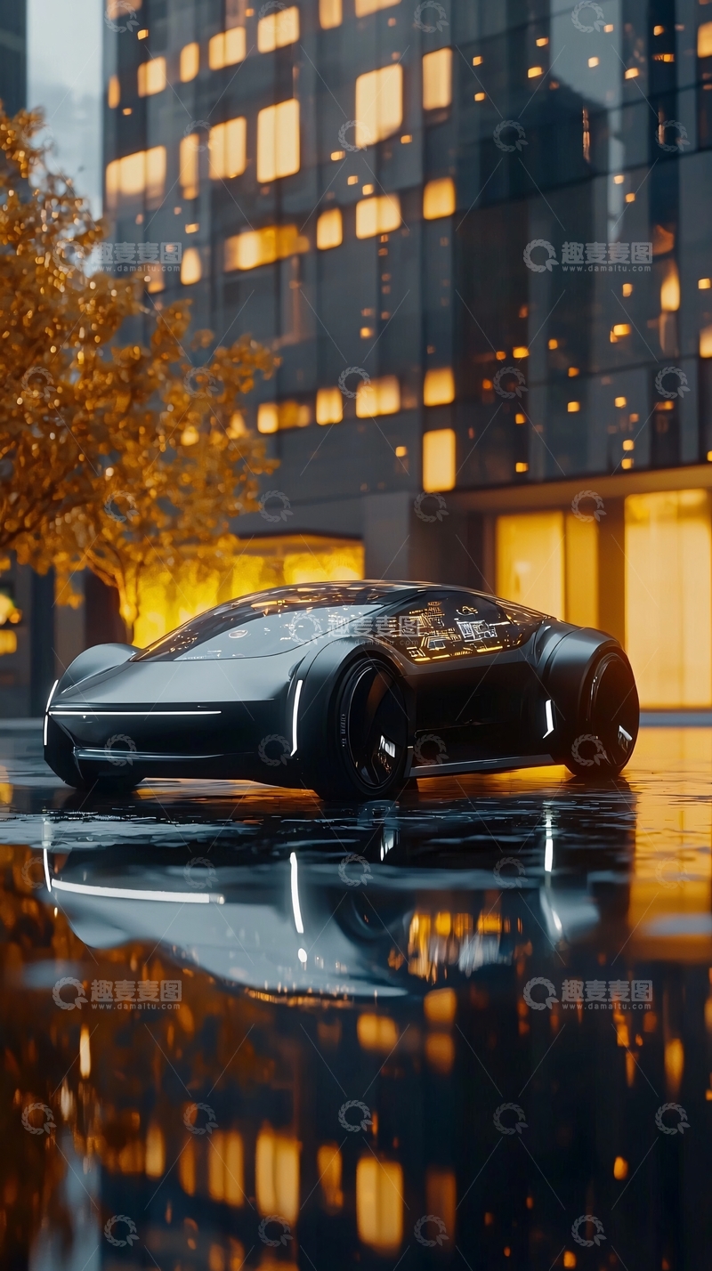 高清大图下载【趣麦麦图】黑色跑车夜景倒影