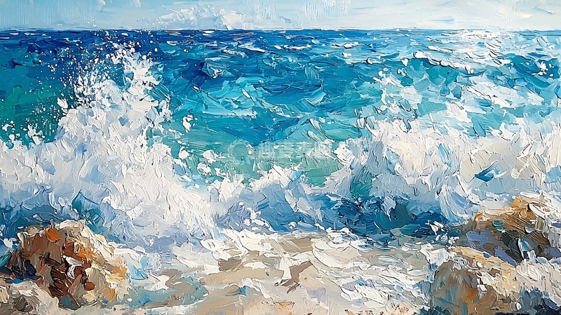高清大图下载【趣麦麦图】海浪拍打岩石的油画