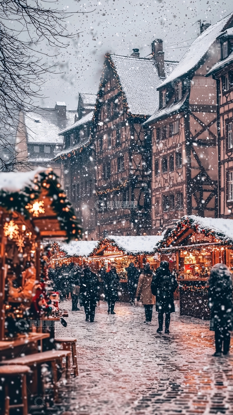 高清大图下载【趣麦麦图】下雪的圣诞集市街道