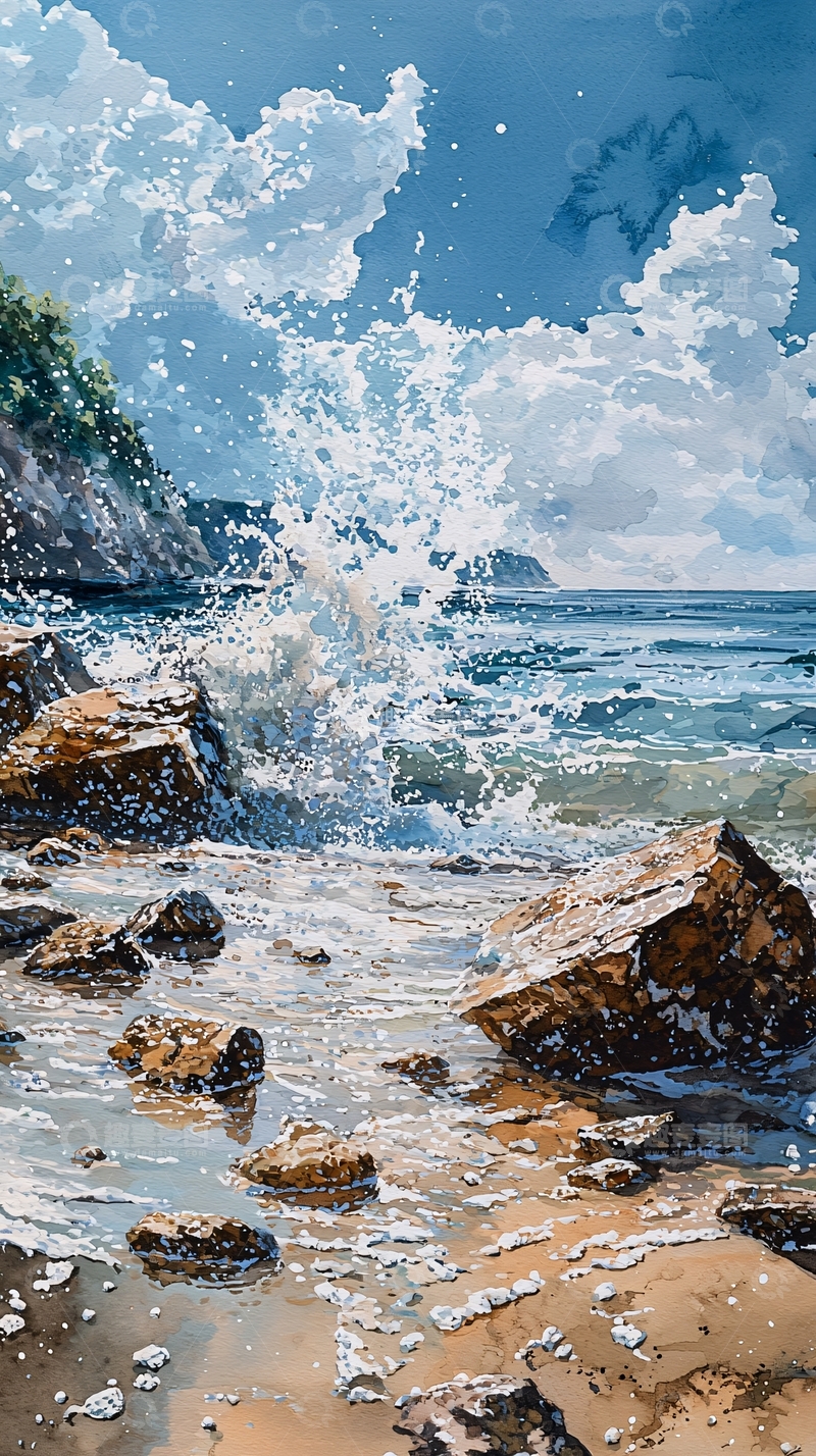 高清大图下载【趣麦麦图】海浪拍打岩石的海岸风景