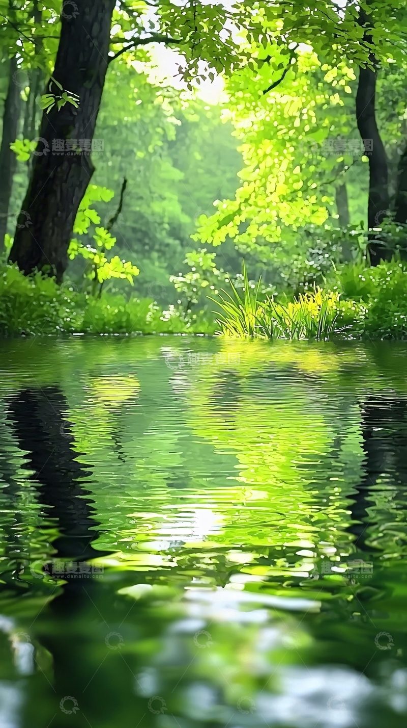 高清大图下载【趣麦麦图】绿树成荫倒影清澈水面