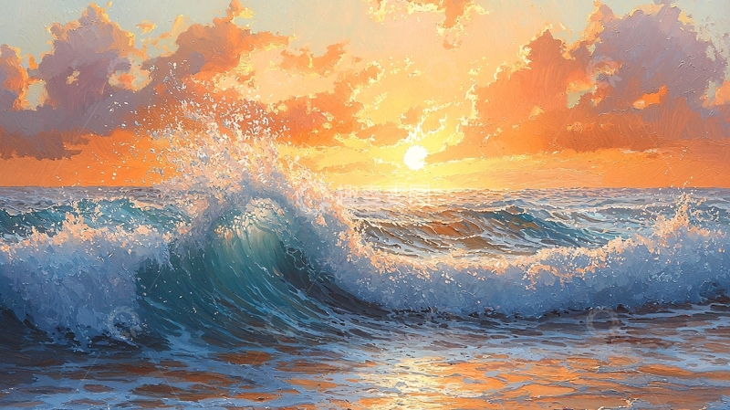 高清大图下载【趣麦麦图】海浪拍打海岸线的夕阳