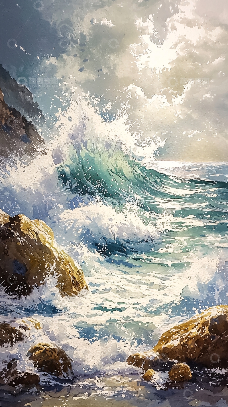 高清大图下载【趣麦麦图】汹涌波涛拍打岩石海岸