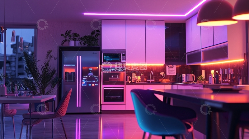 高清大图下载【趣麦麦图】紫色氛围灯的现代化厨房