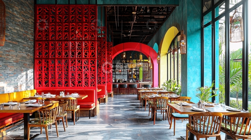 高清大图下载【趣麦麦图】红墙黄墙蓝墙餐厅