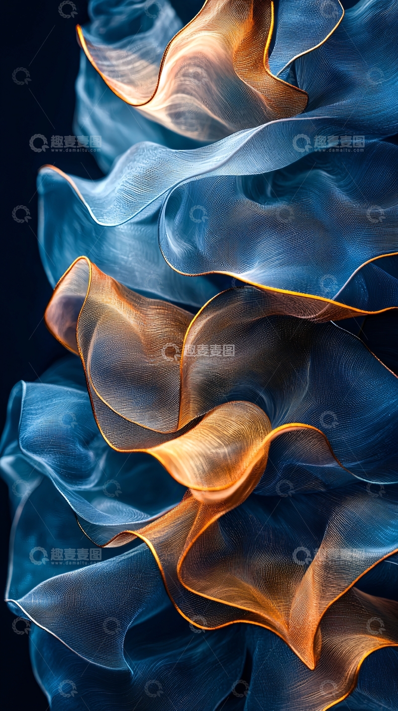 高清大图下载【趣麦麦图】蓝色金色丝绸流动抽象艺术