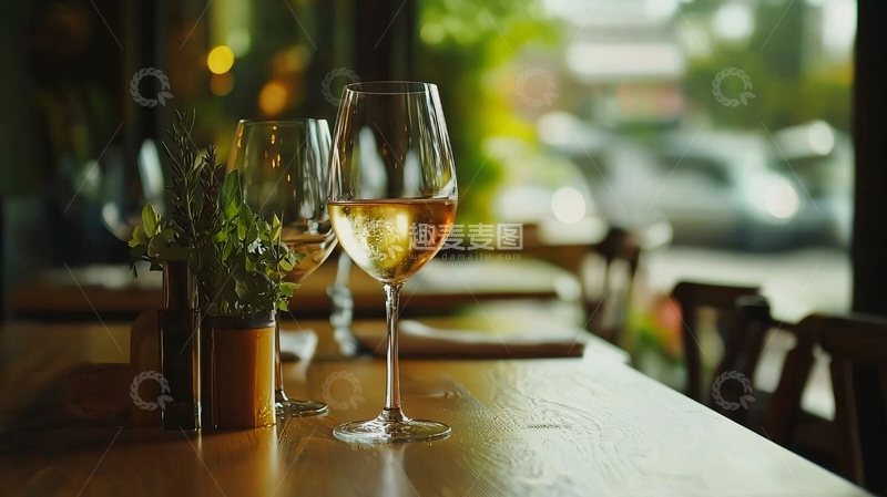 高清大图下载【趣麦麦图】餐厅里两杯白葡萄酒