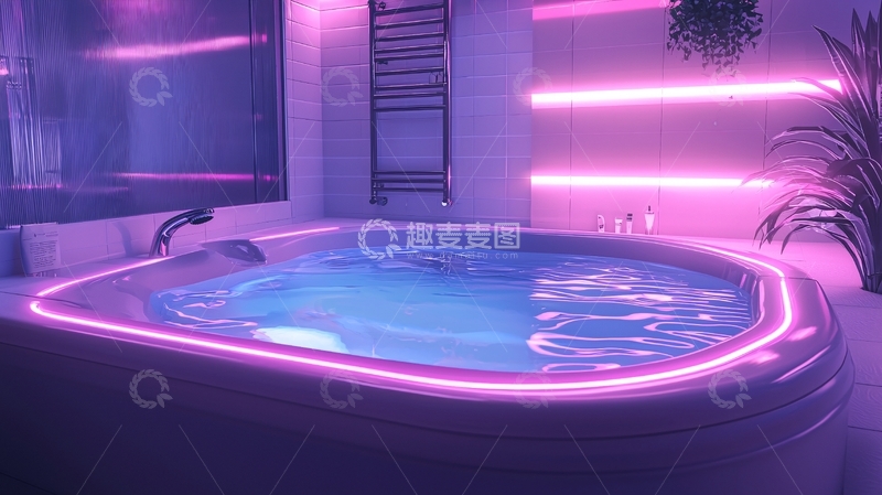 高清大图下载【趣麦麦图】梦幻紫色灯光下的按摩浴缸