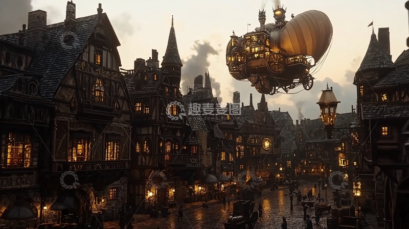 高清大图下载【趣麦麦图】蒸汽朋克风格的古镇夜景