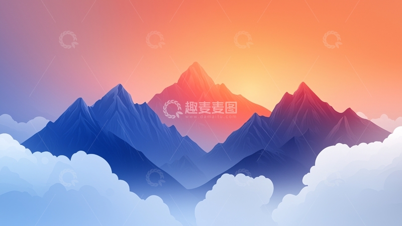 高清大图下载【趣麦麦图】日出山峰云海剪影插画