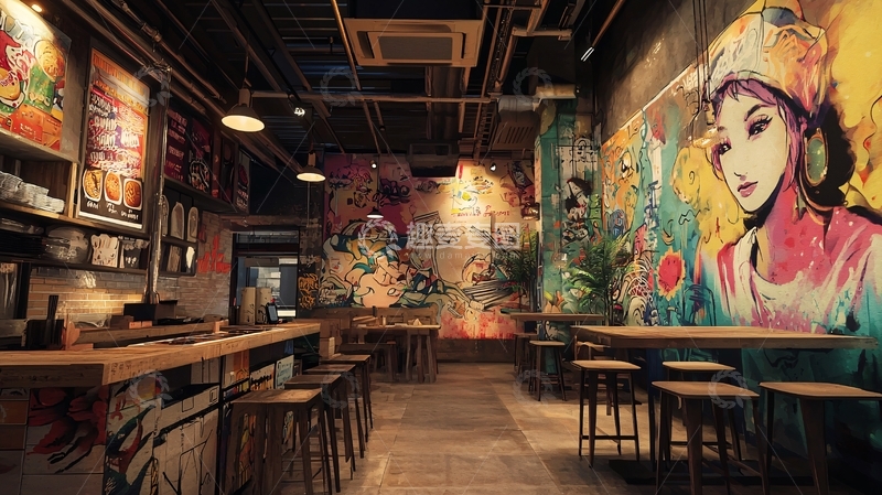 高清大图下载【趣麦麦图】小吃店的街头艺术氛围
