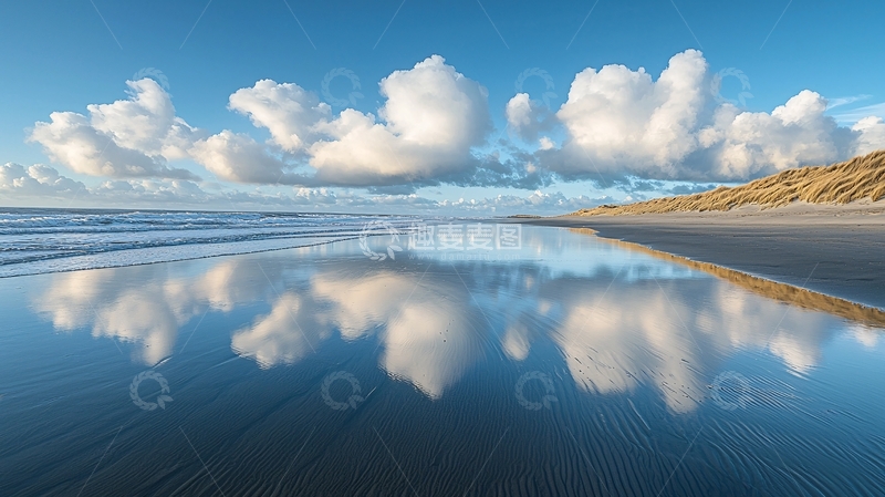 高清大图下载【趣麦麦图】海滩云朵倒影的平静