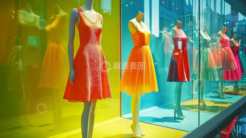 高清大图下载【趣麦麦图】橱窗里色彩鲜艳的连衣裙