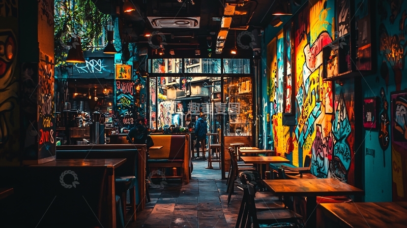 高清大图下载【趣麦麦图】充满涂鸦的酒吧夜景