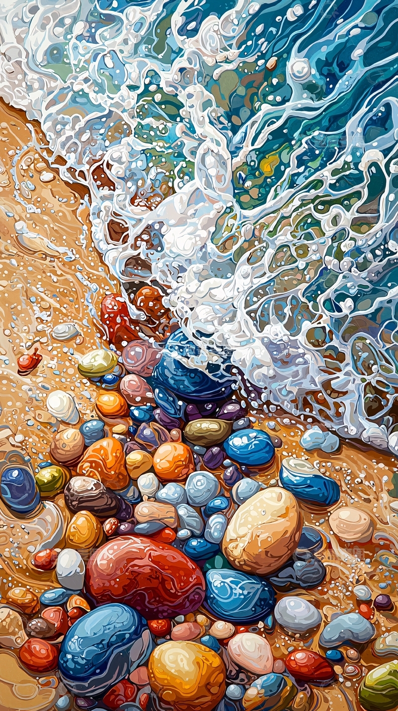 高清大图下载【趣麦麦图】海浪拍打鹅卵石海滩