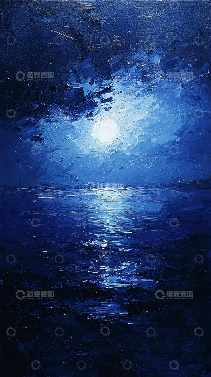 高清大图下载【趣麦麦图】蓝色月光下的宁静海面