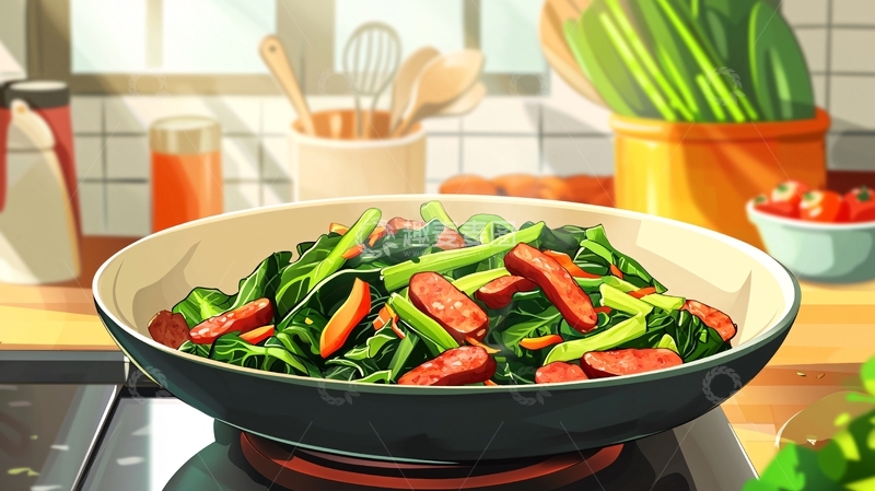 高清大图下载【趣麦麦图】卡通风格蔬菜香肠炒菜