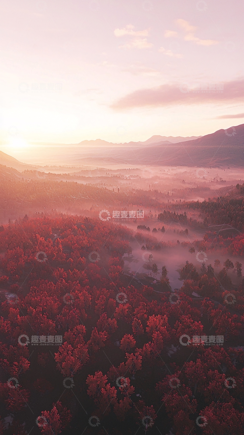高清大图下载【趣麦麦图】清晨雾气中的红叶山谷