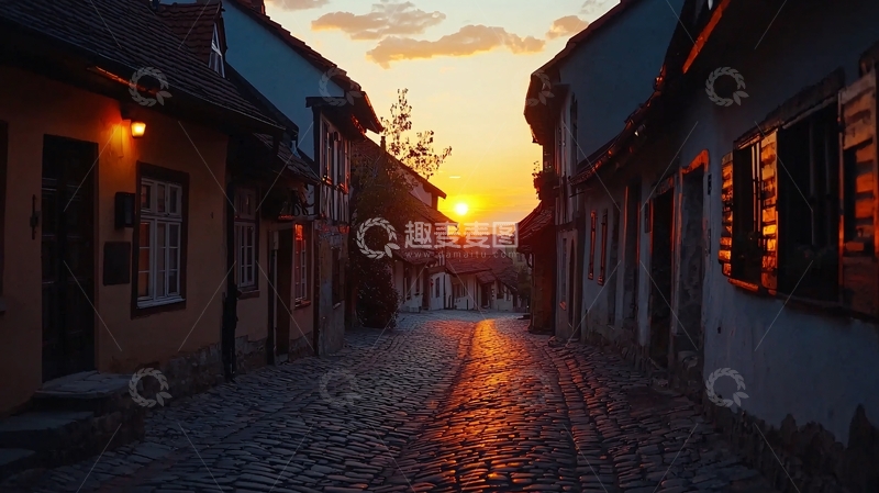 高清大图下载【趣麦麦图】夕阳西下古镇街道