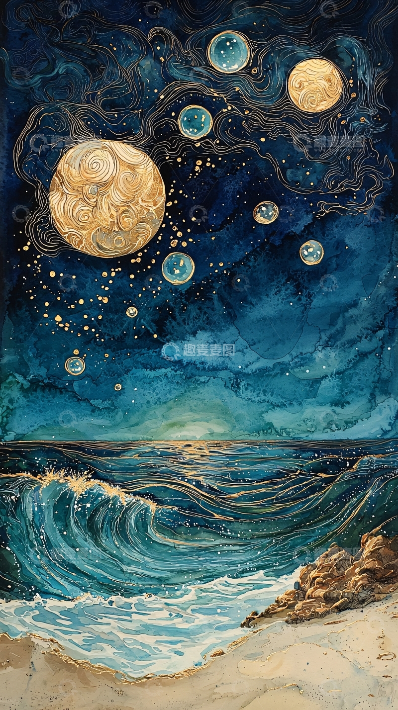 高清大图下载【趣麦麦图】星空大海手绘插画