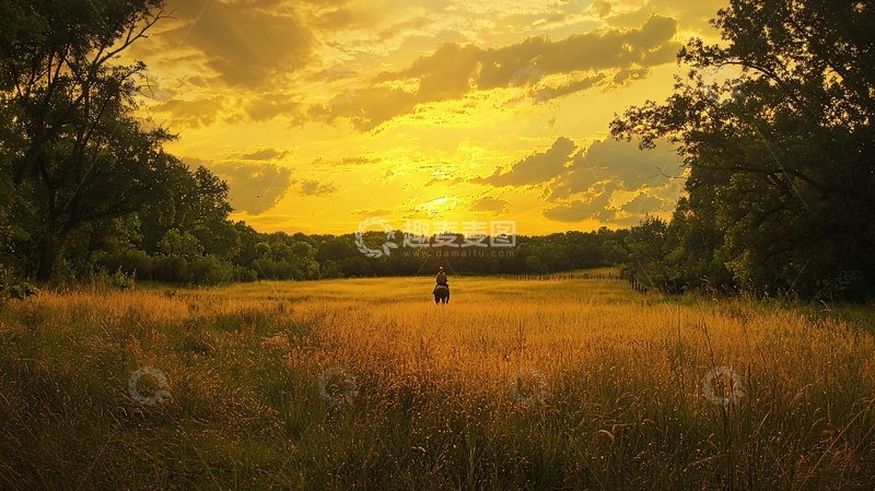 高清大图下载【趣麦麦图】黄昏草原夕阳剪影